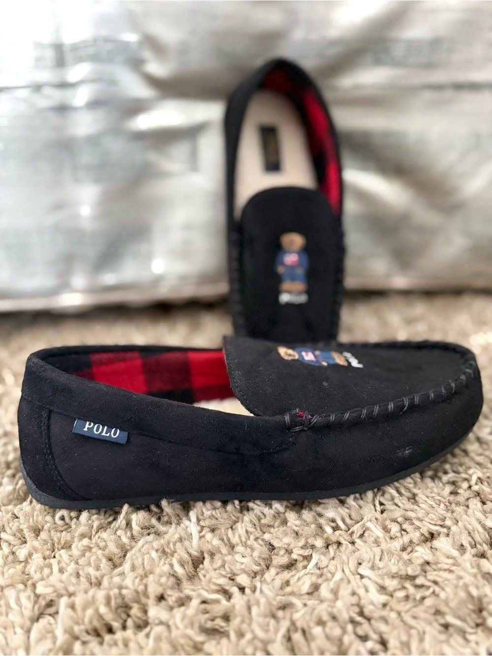 Polo by Ralph Lauren Black Suede Bear Embroidered Slip-On Loafers